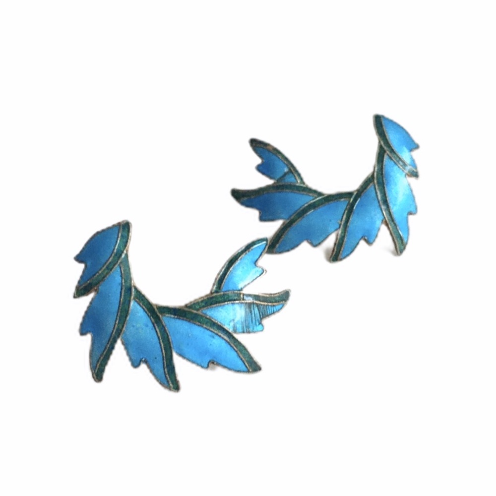 Vintage Turquoise Enamel Earrings Ear Climber Blue